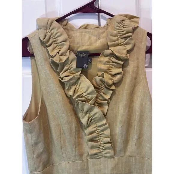Taylor Chartreuse Linen Dress with Ruffle V-Neck Detail Size 8 Spring Summer - Picture 6 of 7